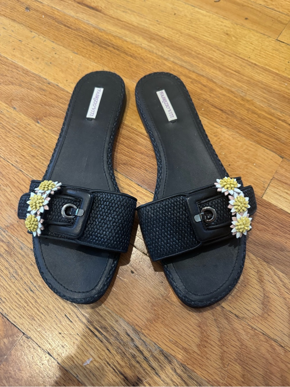 NWOT Black Slide Sandals with Yellow Floral Buckles